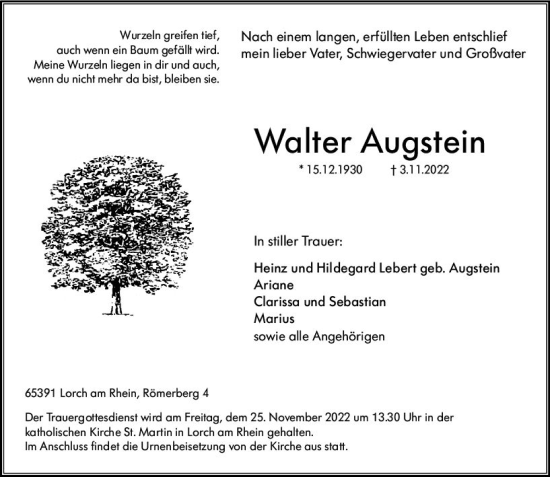 Traueranzeige von Walter Augstein von vrm-trauer Rheingau