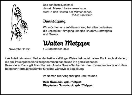 Traueranzeige von Walter Metzger von vrm-trauer Allgemeine  Zeitung Ingelheim-Bingen