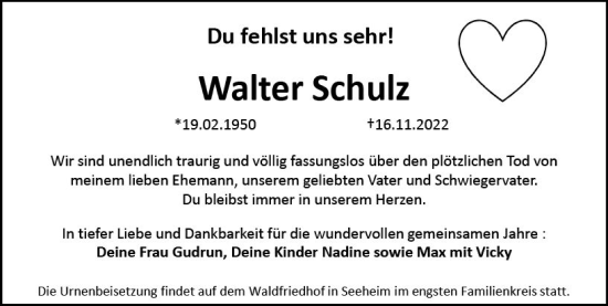 Traueranzeige von Walter Schulz von vrm-trauer Darmstädter Echo