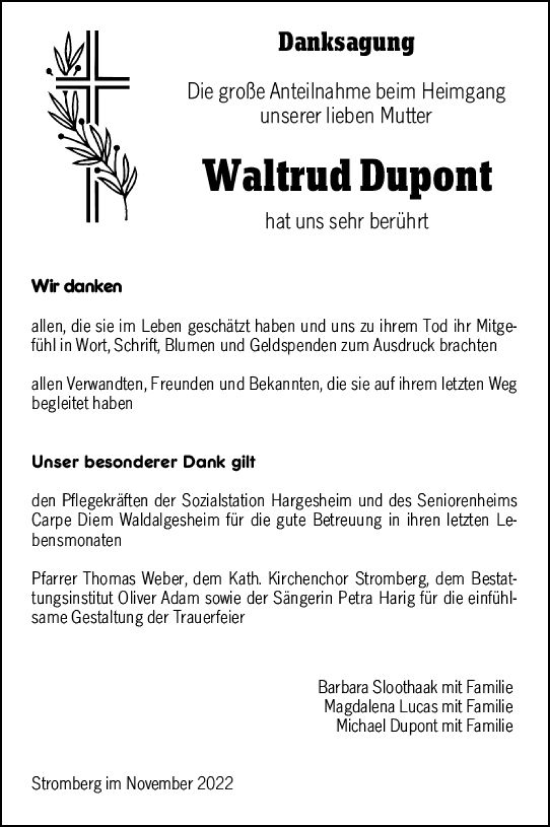 Traueranzeige von Waltrud Dupont von vrm-trauer Allg. Zeitung Bad Kreuznach
