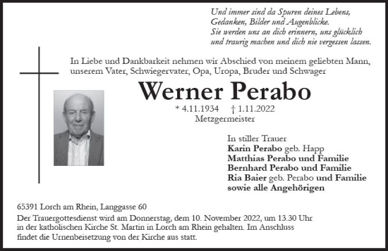 Traueranzeige von Werner Perabo von vrm-trauer Rheingau