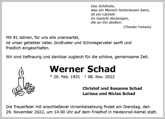 Traueranzeige von Werner Schad von vrm-trauer Wiesbadener Kurier