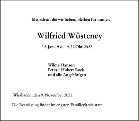 Traueranzeige von Wilfried Wüsteney von vrm-trauer Wiesbadener Kurier
