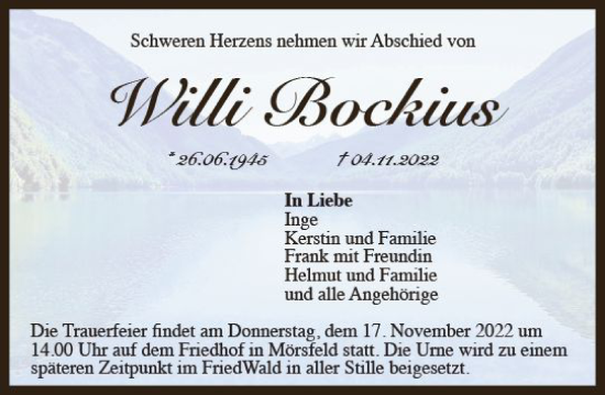 Traueranzeige von Willi Bockius von vrm-trauer Allgemeine Zeitung Alzey