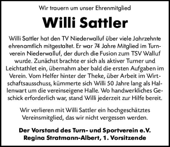 Traueranzeige von Willi Sattler von vrm-trauer Rheingau
