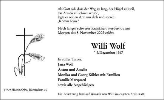 Traueranzeige von Willi Wolf von vrm-trauer Odenwälder Echo