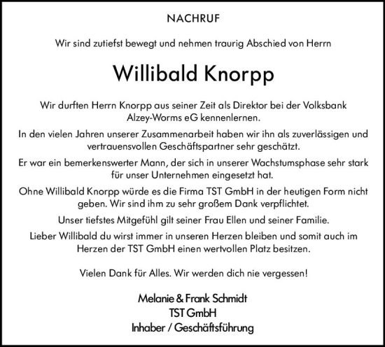 Traueranzeige von Willibald Knorpp von vrm-trauer Allgemeine Zeitung Alzey