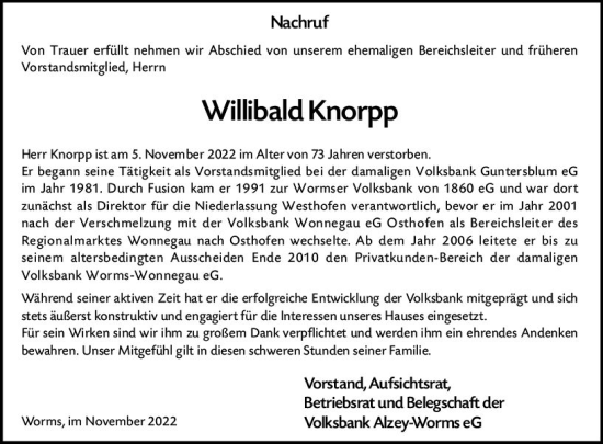 Traueranzeige von Willibald Knorpp von vrm-trauer Allgemeine Zeitung Alzey