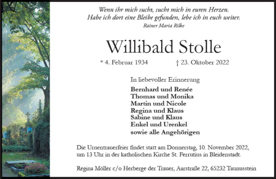 Traueranzeige von Willibald Stolle von vrm-trauer WK-UTA