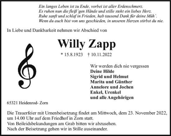 Traueranzeige von Willy Zapp von vrm-trauer WK-UTA
