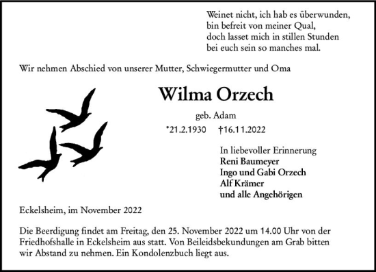 Traueranzeige von Wilma Orzech von vrm-trauer Allgemeine Zeitung Alzey