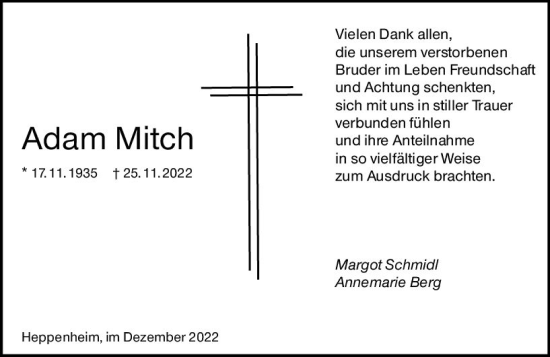 Traueranzeige von Adam Mitch von vrm-trauer Bürstädter/Lamperth. Ztg/Starkenburger