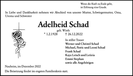 Traueranzeige von Adelheid Schad von vrm-trauer Rüsselsheimer Echo / MainSpitze