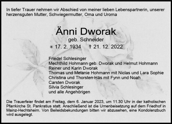 Traueranzeige von Änni Dworak von vrm-trauer AZ Mainz