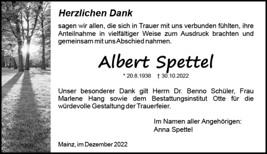 Traueranzeige von Albert Spettel von vrm-trauer AZ Mainz