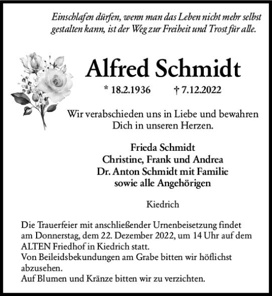 Traueranzeige von Alfred Schmidt von vrm-trauer Rheingau