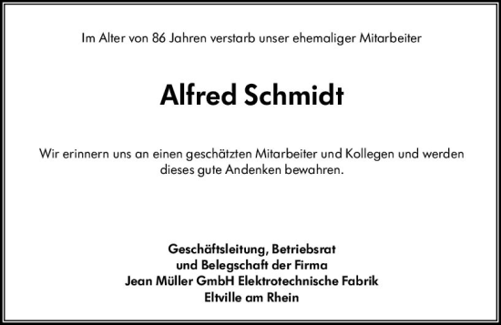 Traueranzeige von Alfred Schmidt von vrm-trauer Rheingau