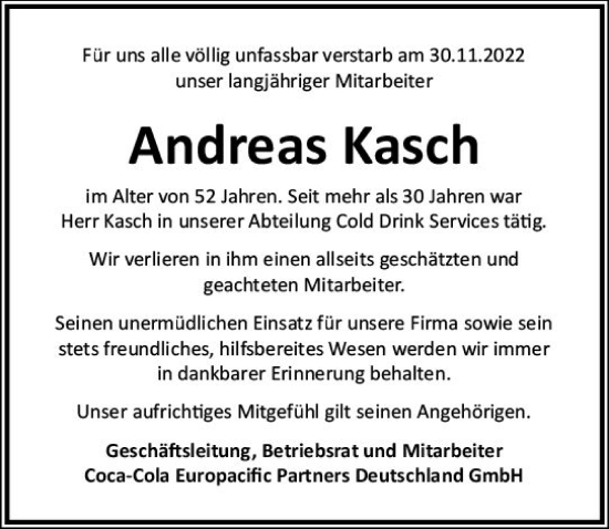 Traueranzeige von Andreas Kasch von vrm-trauer Wiesbadener Kurier