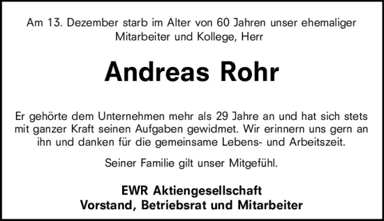 Traueranzeige von Andreas Rohr von vrm-trauer Allgemeine Zeitung Alzey