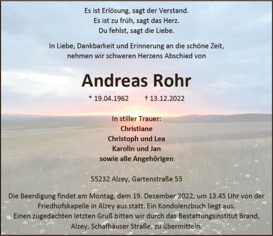 Traueranzeige von Andreas Rohr von vrm-trauer Allgemeine Zeitung Alzey