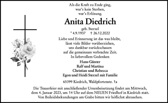 Traueranzeige von Anita Diedrich von vrm-trauer Rheingau