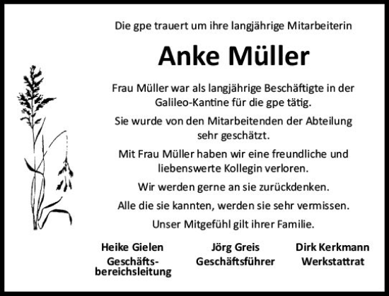 Traueranzeige von Anke Müller von vrm-trauer AZ Mainz