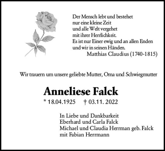 Traueranzeige von Anneliese Falck von vrm-trauer Darmstädter Echo