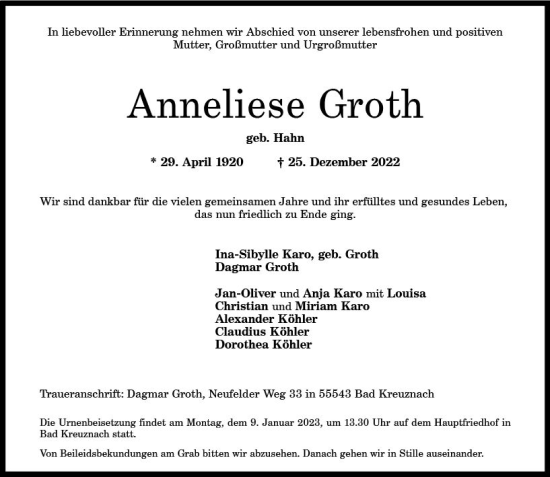 Traueranzeige von Anneliese Groth von vrm-trauer Allg. Zeitung Bad Kreuznach