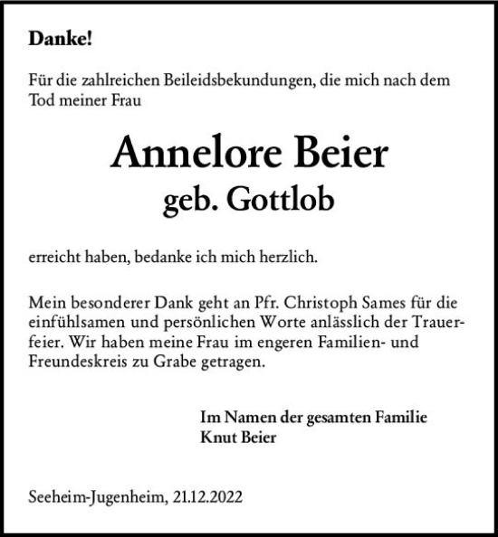 Traueranzeige von Annelore Beier von vrm-trauer Darmstädter Echo