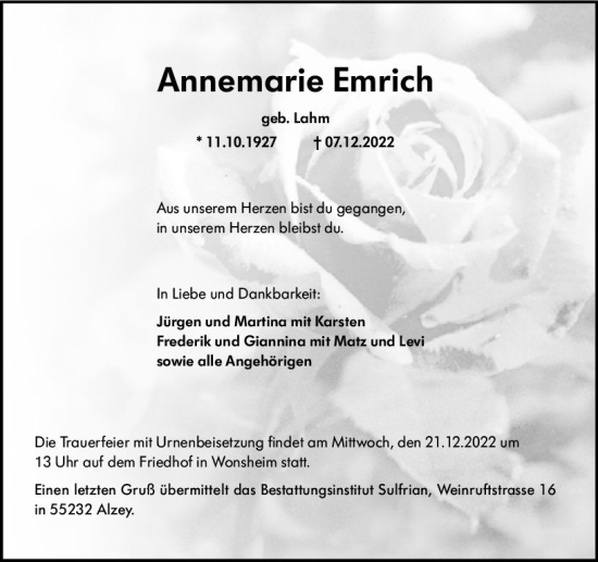 Traueranzeige von Annemarie Emrich von vrm-trauer Allgemeine Zeitung Alzey