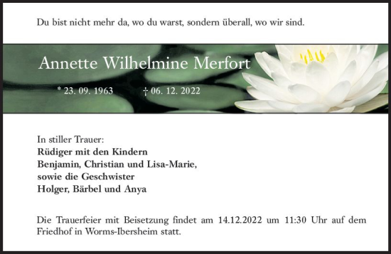 Traueranzeige von Annette Wilhelmine Merfort von vrm-trauer Wormser Zeitung