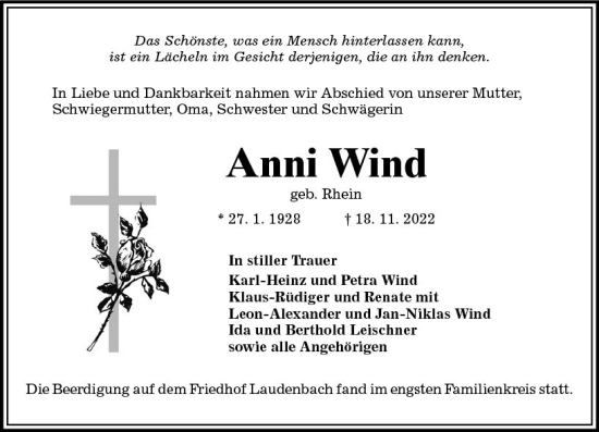 Traueranzeige von Anni Wind von vrm-trauer Bürstädter/Lamperth. Ztg/Starkenburger