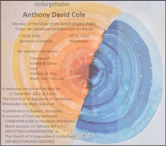 Traueranzeige von Anthony David Cole von vrm-trauer Wiesbadener Kurier