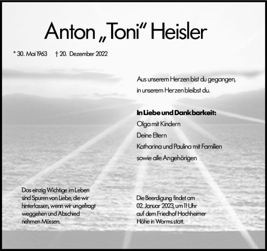 Traueranzeige von Anton Heisler von vrm-trauer Wormser Zeitung