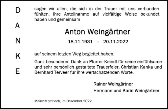 Traueranzeige von Anton Weingärtner von vrm-trauer AZ Mainz