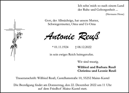 Traueranzeige von Antonie Reuß von vrm-trauer AZ Mainz