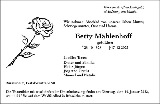 Traueranzeige von Betty Mählenhoff von vrm-trauer Rüsselsheimer Echo / MainSpitze