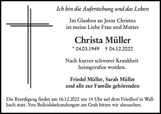 Traueranzeige von Christa Müller von vrm-trauer Idsteiner Zeitung