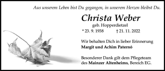 Traueranzeige von Christa Weber von vrm-trauer AZ Mainz