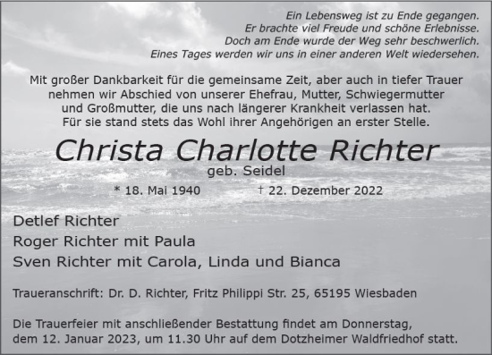 Traueranzeige von Christa Charlotte Richter von vrm-trauer Wiesbadener Kurier