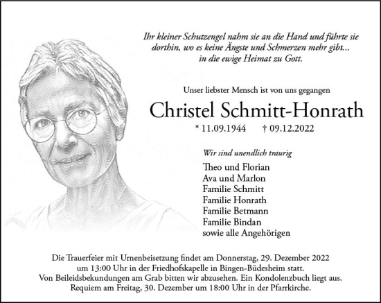 Traueranzeige von Christel Schmitt-Honrath von vrm-trauer Neue Binger Zeitung
