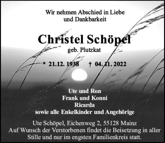 Traueranzeige von Christel Schöpel von vrm-trauer Allg. Zeitung Bad Kreuznach