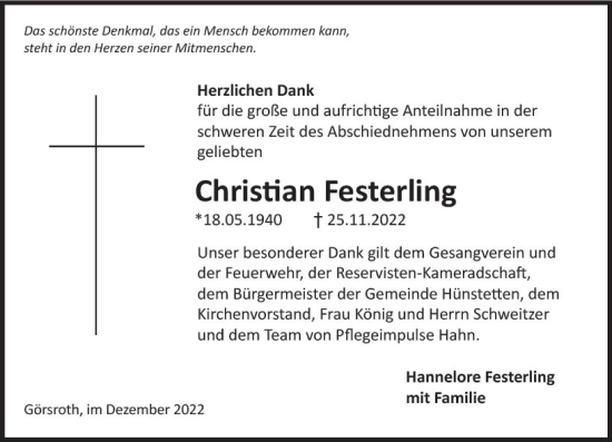 Traueranzeige von Christian Festerling von vrm-trauer Wiesbadener Kurier