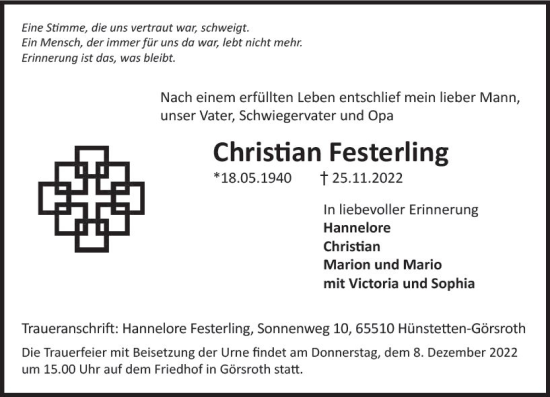 Traueranzeige von Christian Festerling von vrm-trauer Wiesbadener Kurier