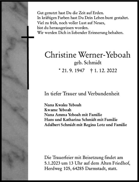 Traueranzeige von Christine Werner-Yeboah von vrm-trauer Darmstädter Echo