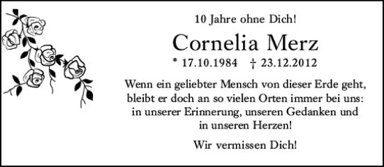 Traueranzeige von Cornelia Merz von vrm-trauer Wiesbadener Kurier