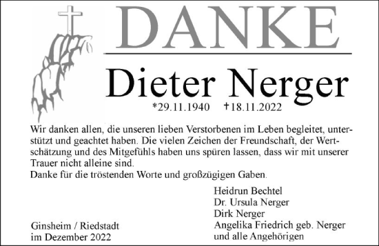 Traueranzeige von Dieter Nerger von vrm-trauer Rüsselsheimer Echo / MainSpitze