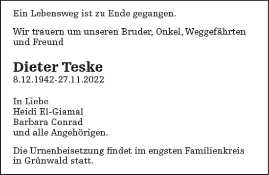 Traueranzeige von Dieter Teske von vrm-trauer Darmstädter Echo