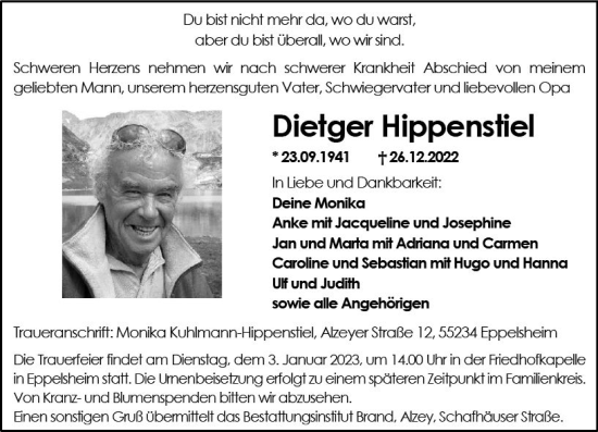 Traueranzeige von Dietger Hippenstiel von vrm-trauer Allgemeine Zeitung Alzey