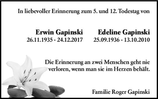Traueranzeige von Edeline Gapinski von vrm-trauer Wiesbadener Kurier